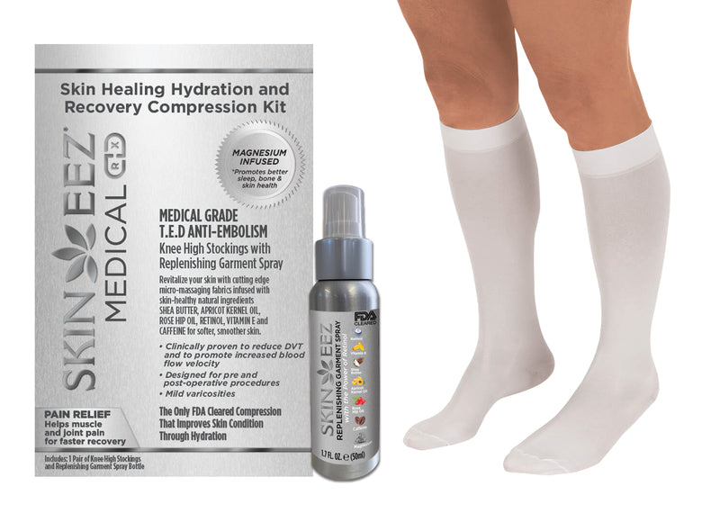 Skin Healing Hydration and Recovery Magnesium Medical Compression Kit T.E.D Anti-Embolism Knee High 18 mmHg and Replenishing Spray