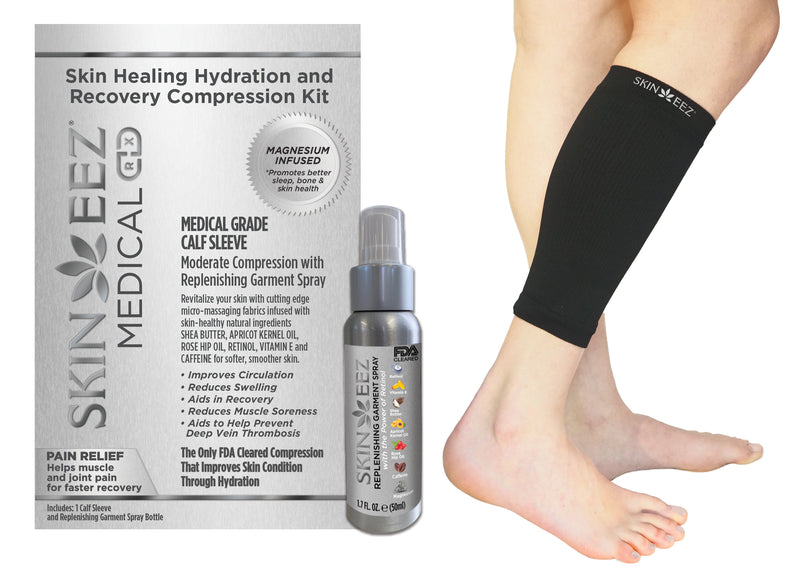 Skin Healing Hydration and Recovery Magnesium Medical Compression Kit Black Calf Sleeve and Replenishing Spray