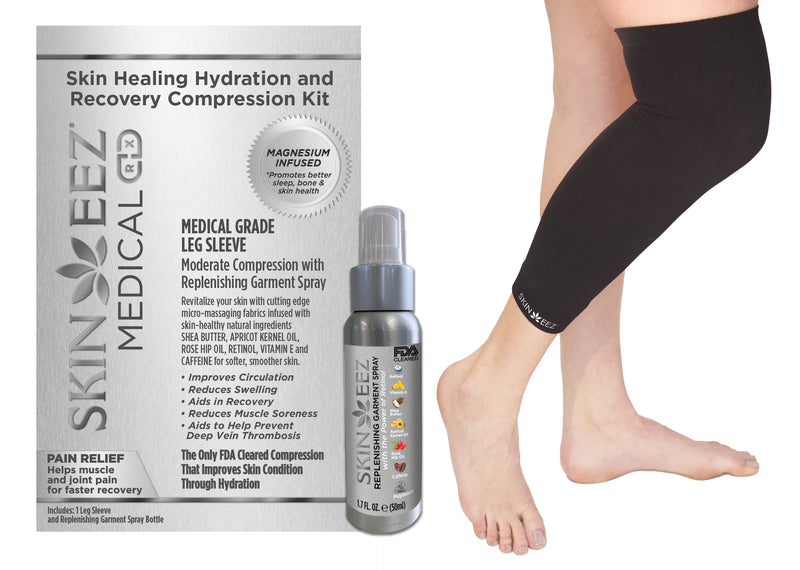 Skin Healing Hydration and Recovery Magnesium Medical Compression Kit Black Leg Sleeve and Replenishing Spray