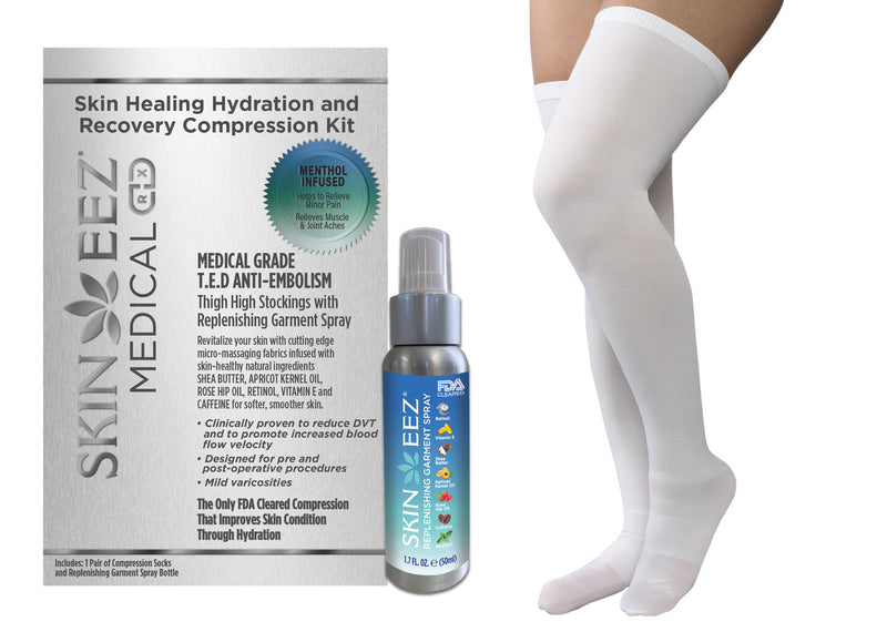 Skin Healing Hydration and Recovery Menthol Medical Compression Kit T.E.D Anti-Embolism Thigh High Stocking and Replenishing Spray