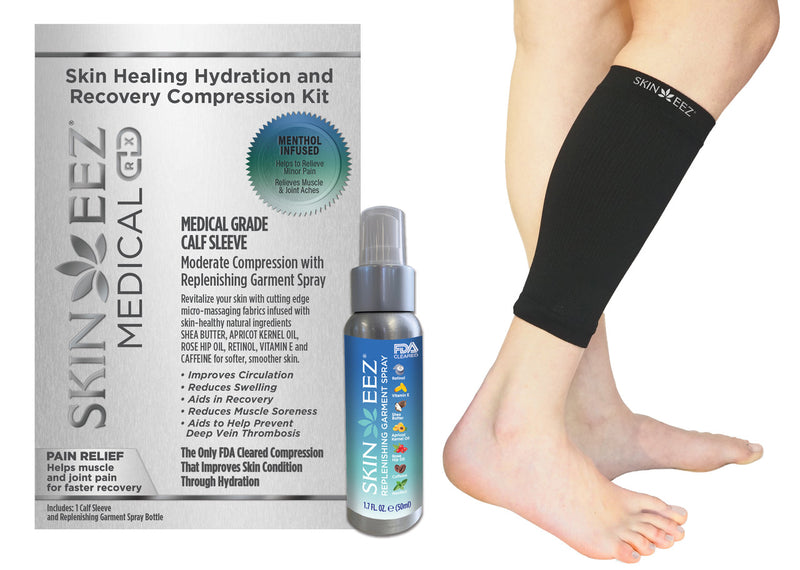 Made in USA Skin Healing Hydration and Recovery Menthol Medical Compression Kit Black Calf Sleeve and Replenishing Spray