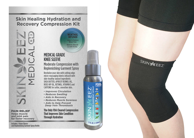 Made in USA Skin Healing Hydration and Recovery Menthol Medical Compression Kit Black Knee Sleeve and Replenishing Spray