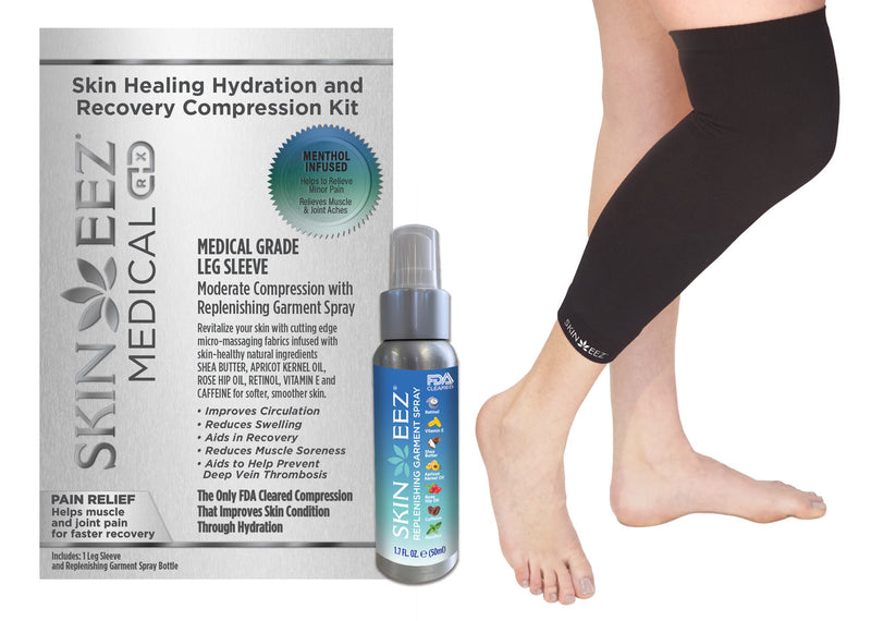 Made in USA Skin Healing Hydration and Recovery Menthol Medical Compression Kit Black Leg Sleeve and Replenishing Spray